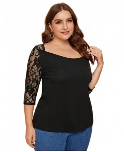 Plus Size Half Sleeve Summer Tunic Tops Women Solid Contrast Lace Sleeve Square Collar T-shirt Female Big Size Clothing 4XL 5...