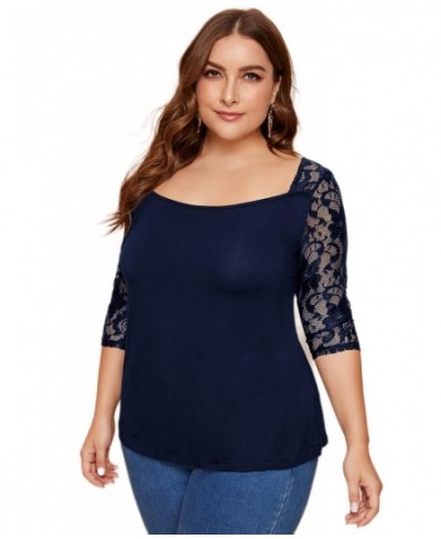 Plus Size Half Sleeve Summer Tunic Tops Women Solid Contrast Lace Sleeve Square Collar T-shirt Female Big Size Clothing 4XL 5...