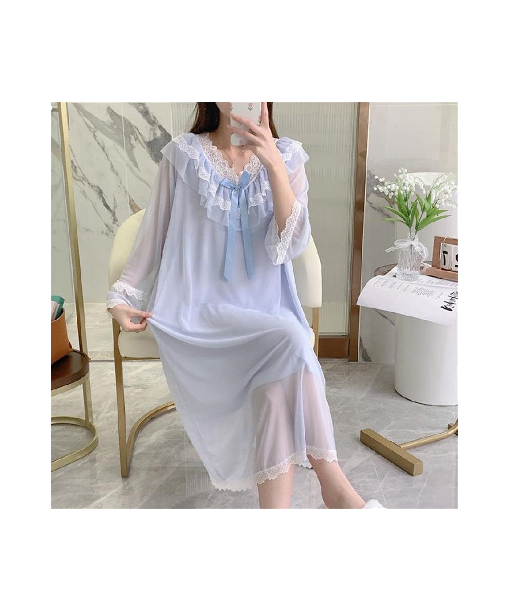 Loose Loungewear Night Dress Women Casual V Neck Sweet Mesh Lace Sleepwear Female Nightgowns Long Sleeve Nightshirt $41.39 - ...