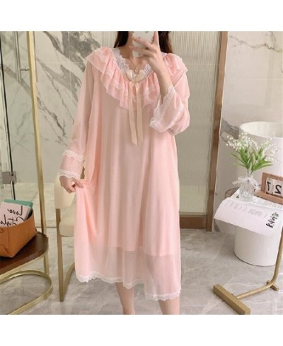 Loose Loungewear Night Dress Women Casual V Neck Sweet Mesh Lace Sleepwear Female Nightgowns Long Sleeve Nightshirt $41.39 - ...