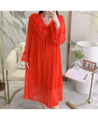 Loose Loungewear Night Dress Women Casual V Neck Sweet Mesh Lace Sleepwear Female Nightgowns Long Sleeve Nightshirt $41.39 - ...