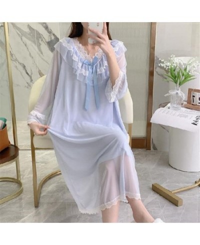 Loose Loungewear Night Dress Women Casual V Neck Sweet Mesh Lace Sleepwear Female Nightgowns Long Sleeve Nightshirt $41.39 - ...