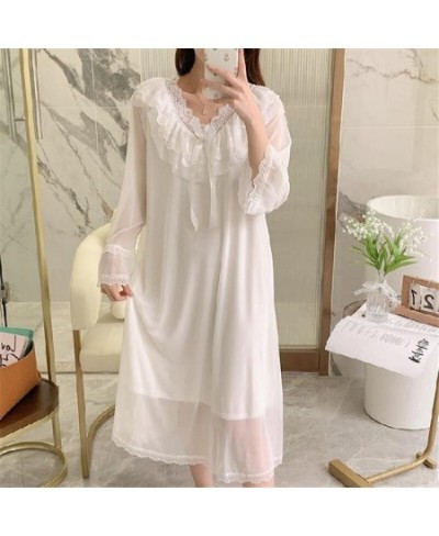 Loose Loungewear Night Dress Women Casual V Neck Sweet Mesh Lace Sleepwear Female Nightgowns Long Sleeve Nightshirt $41.39 - ...