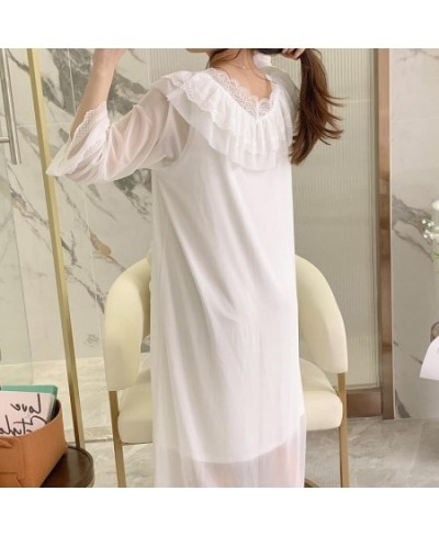 Loose Loungewear Night Dress Women Casual V Neck Sweet Mesh Lace Sleepwear Female Nightgowns Long Sleeve Nightshirt $41.39 - ...