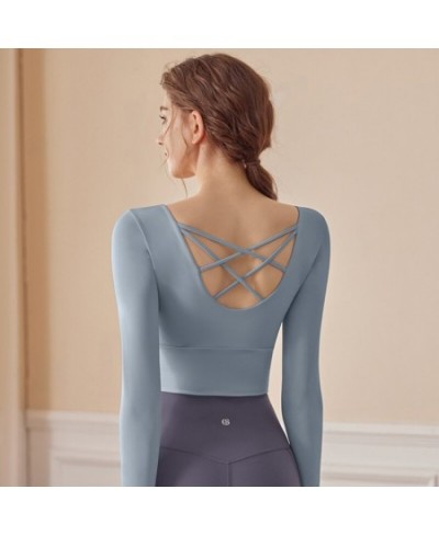 Women Yoga Shirts Back Crossover Long Sleeve Crop Tops Fitness Running Sports T-shirts Female Tight Workout Clothes $28.81 - ...