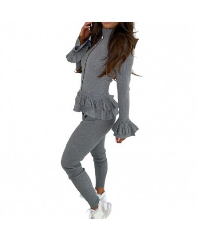 2Pcs/Set Women Sweatshirt Suit Outfit Elastic Soft Wear Stand Collar Ruffle Hem Casual Women Pullover Pants Sports Suit for $...