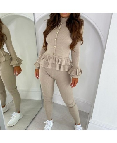 2Pcs/Set Women Sweatshirt Suit Outfit Elastic Soft Wear Stand Collar Ruffle Hem Casual Women Pullover Pants Sports Suit for $...