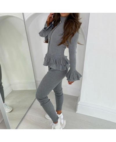 2Pcs/Set Women Sweatshirt Suit Outfit Elastic Soft Wear Stand Collar Ruffle Hem Casual Women Pullover Pants Sports Suit for $...