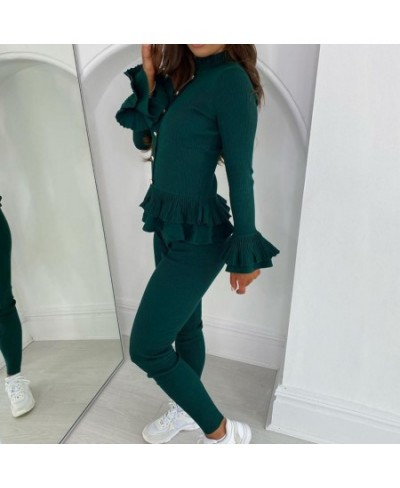 2Pcs/Set Women Sweatshirt Suit Outfit Elastic Soft Wear Stand Collar Ruffle Hem Casual Women Pullover Pants Sports Suit for $...