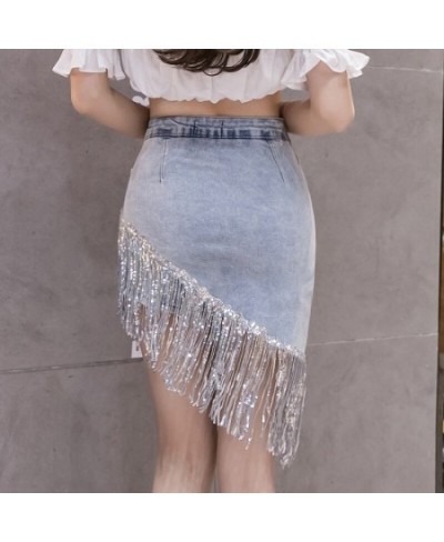 women skirt High waist package hip tassel irregular denim skirt fringed denim short skirt for women $53.24 - Skirts