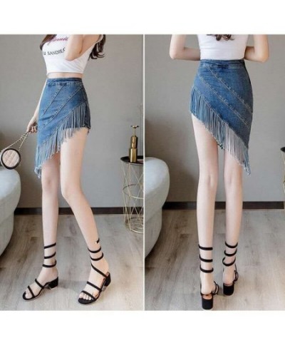 women skirt High waist package hip tassel irregular denim skirt fringed denim short skirt for women $53.24 - Skirts