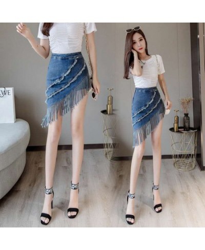 women skirt High waist package hip tassel irregular denim skirt fringed denim short skirt for women $53.24 - Skirts