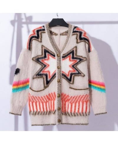 Autumn and Winter New Women Clashing Long-sleeved Knitted Cardigan Jacket Rainbow Jumper Wool Blend $98.19 - Sweaters