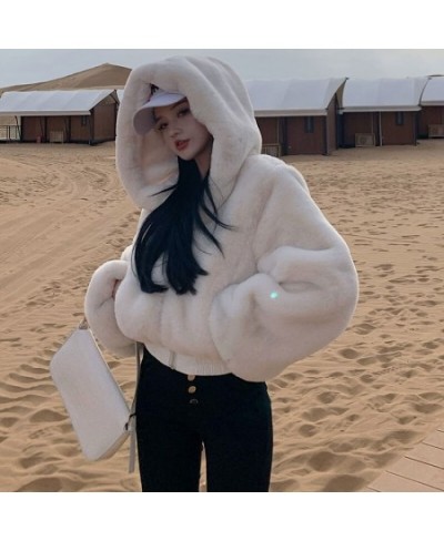 Women Faux Rabbit Fur Coat Faux Fur Bomber Jacket Short Artificial Fur Hooded Warm Winter Parka Cardigan Cropped Fluffy Tops ...