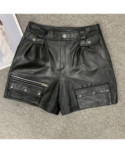 Women Two-Piece Set Summer Hollow Out Lace Stitching Real Leather Blouse Short Sleeve+Sheep Genuine Leather Shorts Set MA21 $...