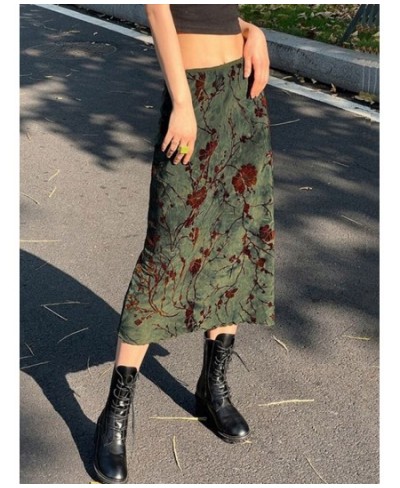 Floral Print Vintage Green Midi Skirt Women Y2K High Street Grunge Fashion Elegant Mid-Calf Long Skirt Streetwear Female Fald...