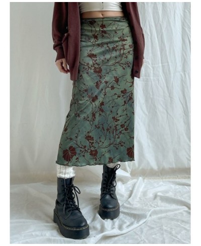 Floral Print Vintage Green Midi Skirt Women Y2K High Street Grunge Fashion Elegant Mid-Calf Long Skirt Streetwear Female Fald...