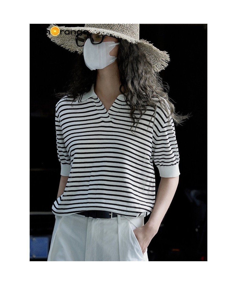 2023 Summer Fashion Simple Stripe Short Sleeve Knit Polo Shirts Comfortable Contrast Casual Top White/black $70.09 - Tops & Tees