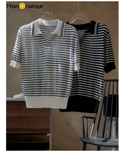 2023 Summer Fashion Simple Stripe Short Sleeve Knit Polo Shirts Comfortable Contrast Casual Top White/black $70.09 - Tops & Tees