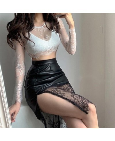 Irregular Lace Black Transparent Mini PU Leather Bare Harajuku Jupe Gonna Tulle Femme Slim Summer Long Casual Women Pencil $4...