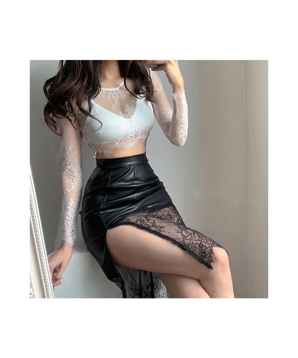 Irregular Lace Black Transparent Mini PU Leather Bare Harajuku Jupe Gonna Tulle Femme Slim Summer Long Casual Women Pencil $4...