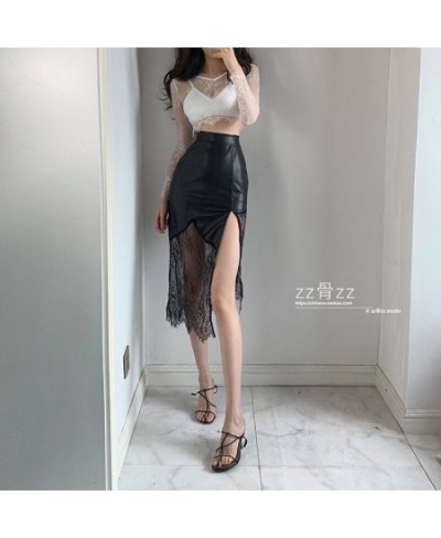 Irregular Lace Black Transparent Mini PU Leather Bare Harajuku Jupe Gonna Tulle Femme Slim Summer Long Casual Women Pencil $4...