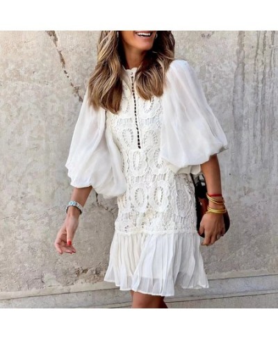 Spring Solid Color Lantern Sleeve A-Line Dress Female Casual Pleated Dress Elegant Stand Collar Embroidery Patchwork Party $5...