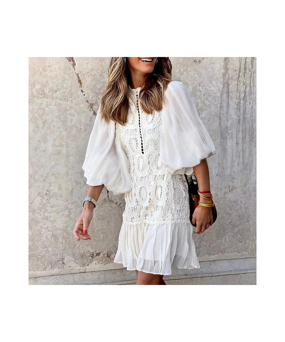 Spring Solid Color Lantern Sleeve A-Line Dress Female Casual Pleated Dress Elegant Stand Collar Embroidery Patchwork Party $5...