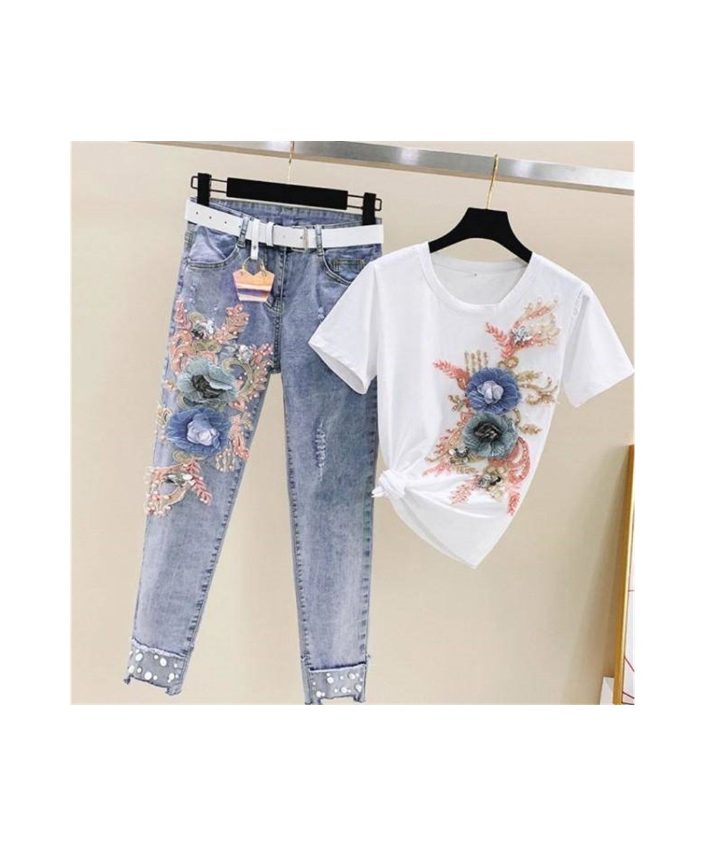 One-Piece/Set 2023 Summer Women Denim Pants Beaded Embroidery Short-Sleeved + Small Feet Hole Jeans Female Two-Piece Suit425 ...