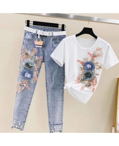 One-Piece/Set 2023 Summer Women Denim Pants Beaded Embroidery Short-Sleeved + Small Feet Hole Jeans Female Two-Piece Suit425 ...