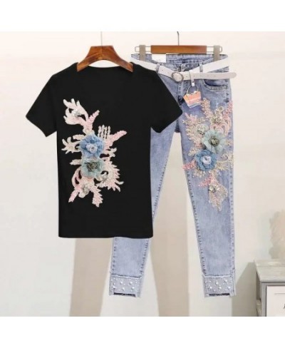 One-Piece/Set 2023 Summer Women Denim Pants Beaded Embroidery Short-Sleeved + Small Feet Hole Jeans Female Two-Piece Suit425 ...