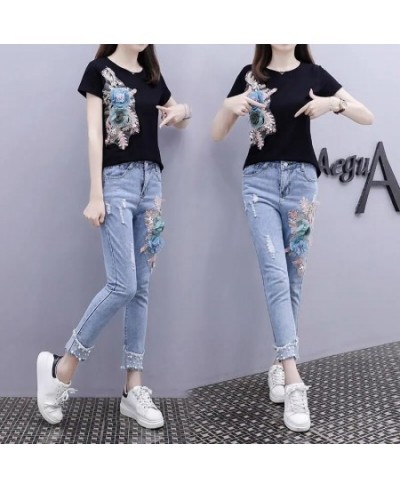 One-Piece/Set 2023 Summer Women Denim Pants Beaded Embroidery Short-Sleeved + Small Feet Hole Jeans Female Two-Piece Suit425 ...