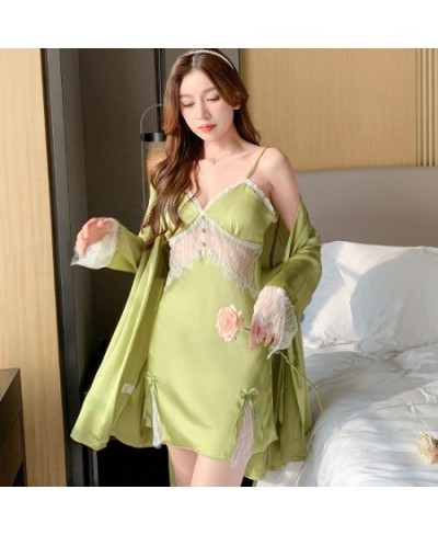 High Quality Women's Pajamas Robe Set Sexy Lace Bathrobe Deep V Sling Dress Sleepwear Homewear Nightgown Femme Petite $45.22 ...