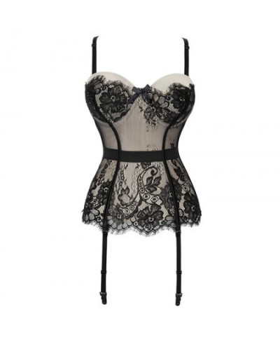 Black Floral Lace Sexy Lingerie Corset Push Up Bustier Straps Women Sleepwear Nightwear Chemise Underwear With Suspenders $52...