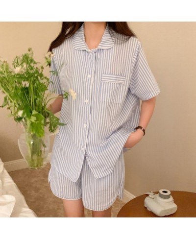 Soft Summer Stripe Simple Man And Wife Vacation Lovers Pajamas Set Women Home Comfortable Sleepwear Casual Loose Short Sleeve...