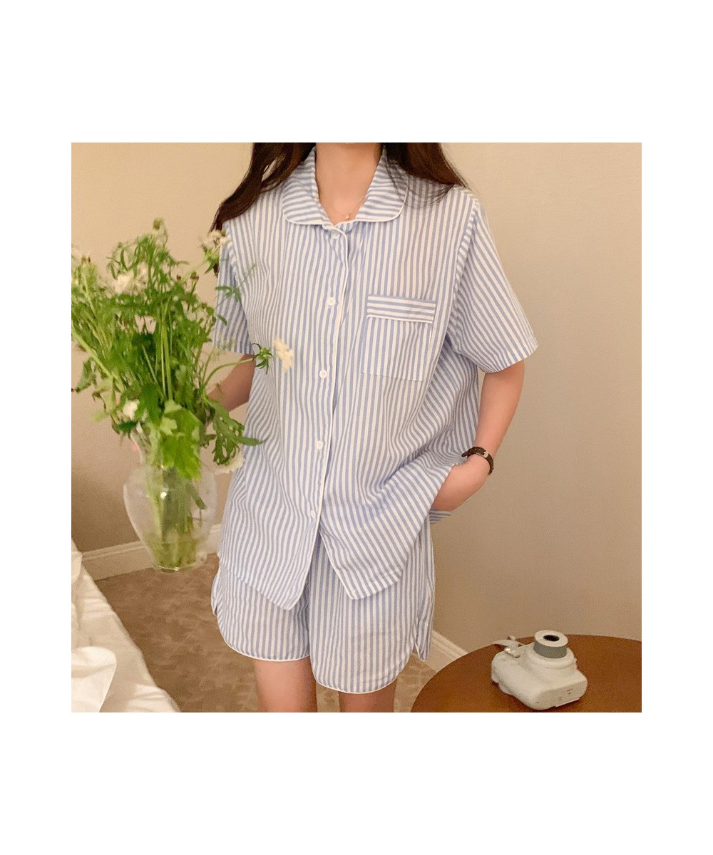 Soft Summer Stripe Simple Man And Wife Vacation Lovers Pajamas Set Women Home Comfortable Sleepwear Casual Loose Short Sleeve...