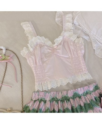 Sweet Pink Lolita Crop Top Women Summer Chic Lace Bow Sleeveless Camisole Japan Aesthetic Princess Tank Tops Kawaii Cute $35....