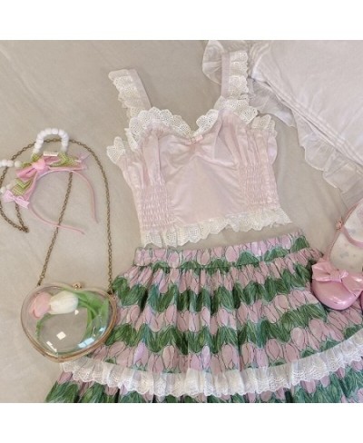 Sweet Pink Lolita Crop Top Women Summer Chic Lace Bow Sleeveless Camisole Japan Aesthetic Princess Tank Tops Kawaii Cute $35....