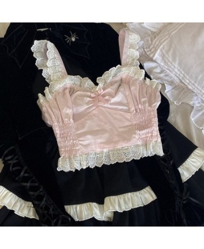 Sweet Pink Lolita Crop Top Women Summer Chic Lace Bow Sleeveless Camisole Japan Aesthetic Princess Tank Tops Kawaii Cute $35....