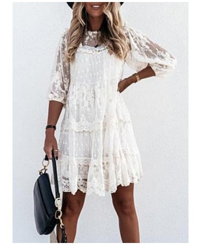 Fashion 2023 Summer Elegant Casual Lace Knee-Length Woman Dress Three Quarter Loose Waist Vintage Solid A-Line Sexy Party Dre...