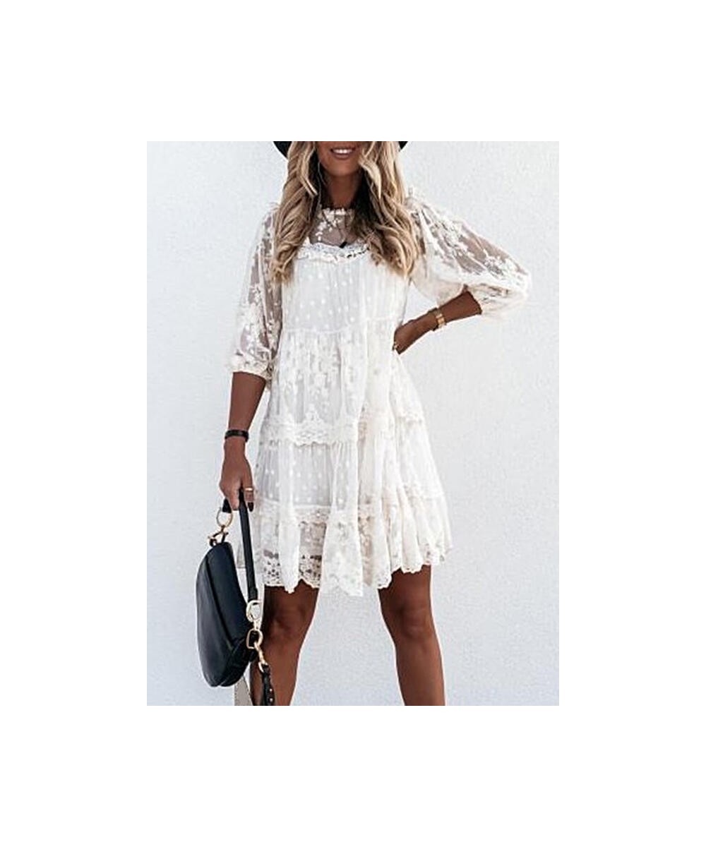 Fashion 2023 Summer Elegant Casual Lace Knee-Length Woman Dress Three Quarter Loose Waist Vintage Solid A-Line Sexy Party Dre...