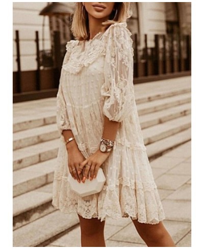 Fashion 2023 Summer Elegant Casual Lace Knee-Length Woman Dress Three Quarter Loose Waist Vintage Solid A-Line Sexy Party Dre...