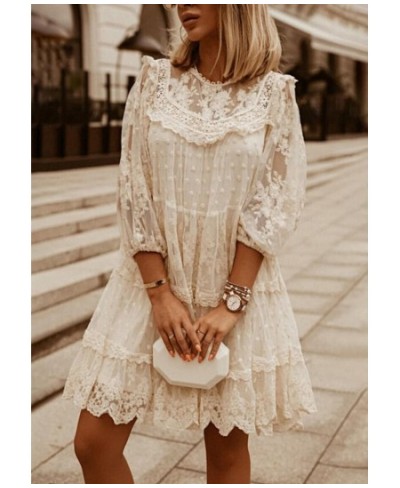 Fashion 2023 Summer Elegant Casual Lace Knee-Length Woman Dress Three Quarter Loose Waist Vintage Solid A-Line Sexy Party Dre...