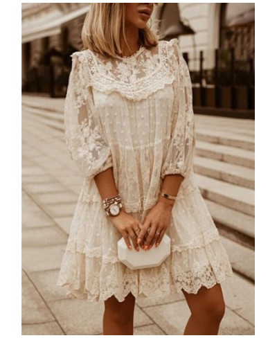 Fashion 2023 Summer Elegant Casual Lace Knee-Length Woman Dress Three Quarter Loose Waist Vintage Solid A-Line Sexy Party Dre...