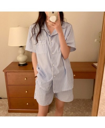 Soft Summer Stripe Simple Man And Wife Vacation Lovers Pajamas Set Women Home Comfortable Sleepwear Casual Loose Short Sleeve...