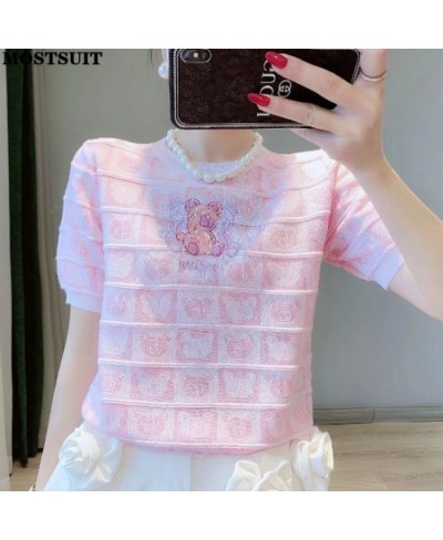 Summer Bear Sequins Knitted Sweater Tshirt Women Pullover Tees Short Sleeve O-neck Sweet Elegant Loose Ladies Knitwear Jumper...