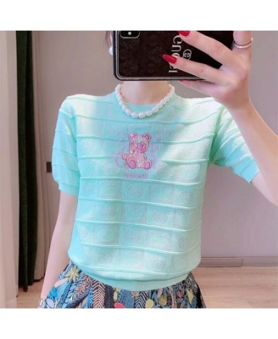 Summer Bear Sequins Knitted Sweater Tshirt Women Pullover Tees Short Sleeve O-neck Sweet Elegant Loose Ladies Knitwear Jumper...