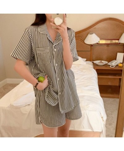 Soft Summer Stripe Simple Man And Wife Vacation Lovers Pajamas Set Women Home Comfortable Sleepwear Casual Loose Short Sleeve...