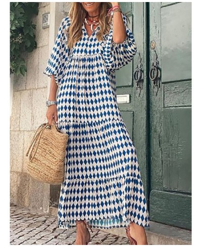 Women Vintage Puff Sleeve Ruffle Dresses Autumn Elegant V Neck Printing Long Party Dress Summer Casual Loose Club Dress $37.0...