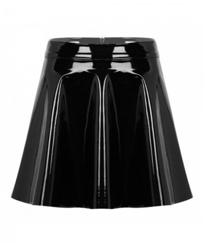 Womens Wet Look Leather Miniskirts High Waist Flared Pleated Latex A-Line Circle Skirt Rave Dance Bottoms Sexy Clubwear Skirt...